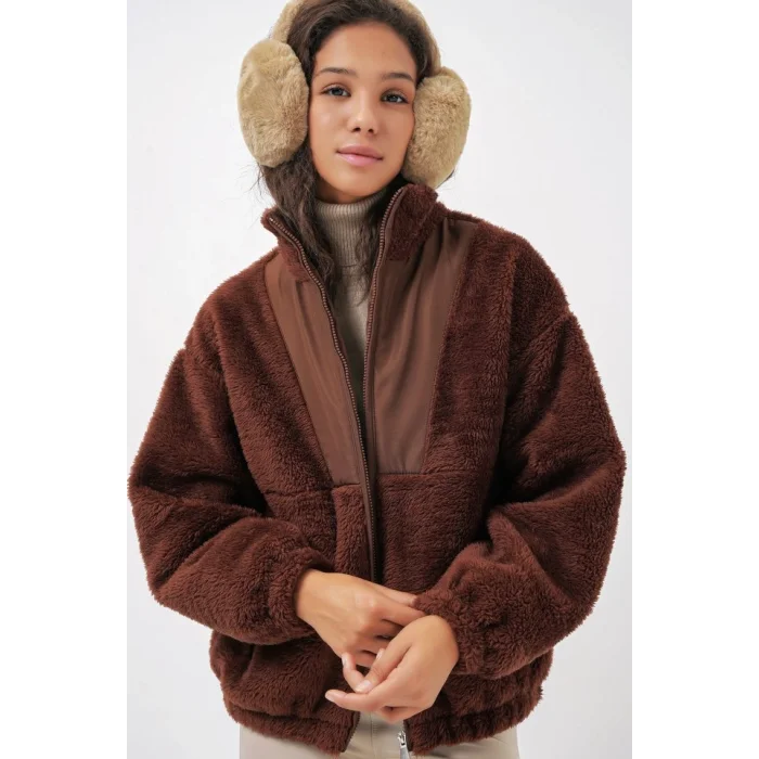 5194 Peluş Mont Ceket - Kahverengi