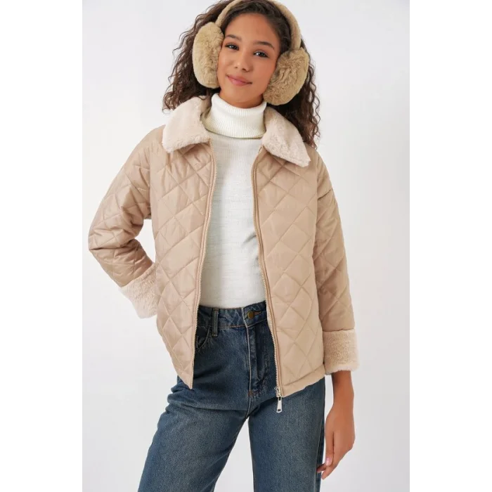 5202 Peluş Detaylı Kapitone Mont - Bej