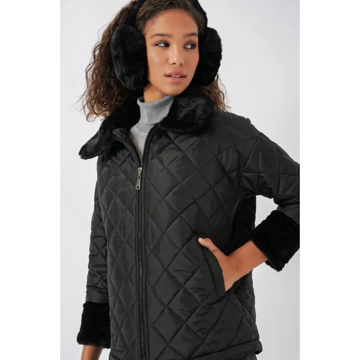 5202 Peluş Detaylı Kapitone Mont - Siyah