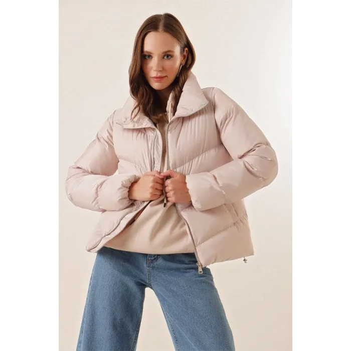 5205 Dik Yaka Fermuarlı Şişme Mont - Bej