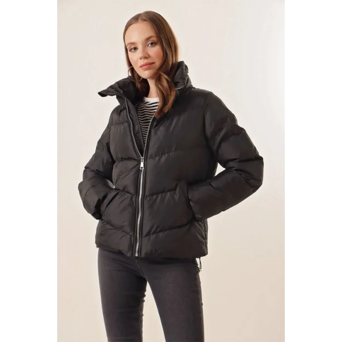 5205 Dik Yaka Fermuarlı Şişme Mont - Siyah