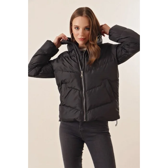 5205 Dik Yaka Fermuarlı Şişme Mont - Siyah