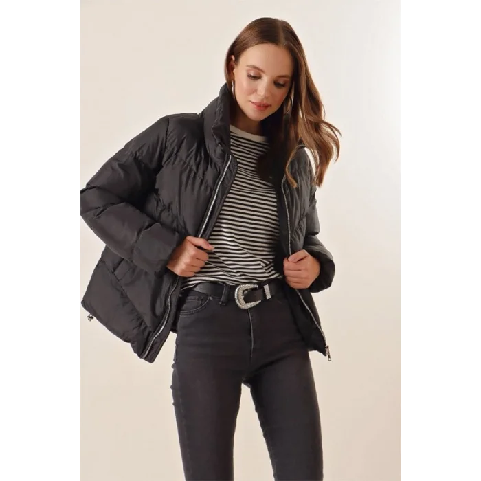 5205 Dik Yaka Fermuarlı Şişme Mont - Siyah