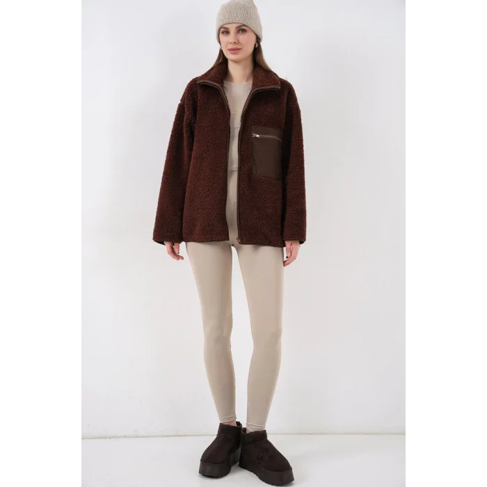 55446 Fermuarlı Oversize Peluş Ceket Mont - Kahverengi