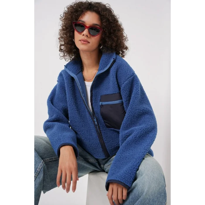 55446 Fermuarlı Oversize Peluş Ceket - Saks