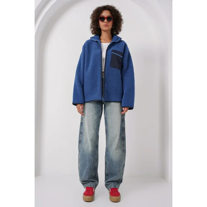 55446 Fermuarlı Oversize Peluş Ceket - Saks