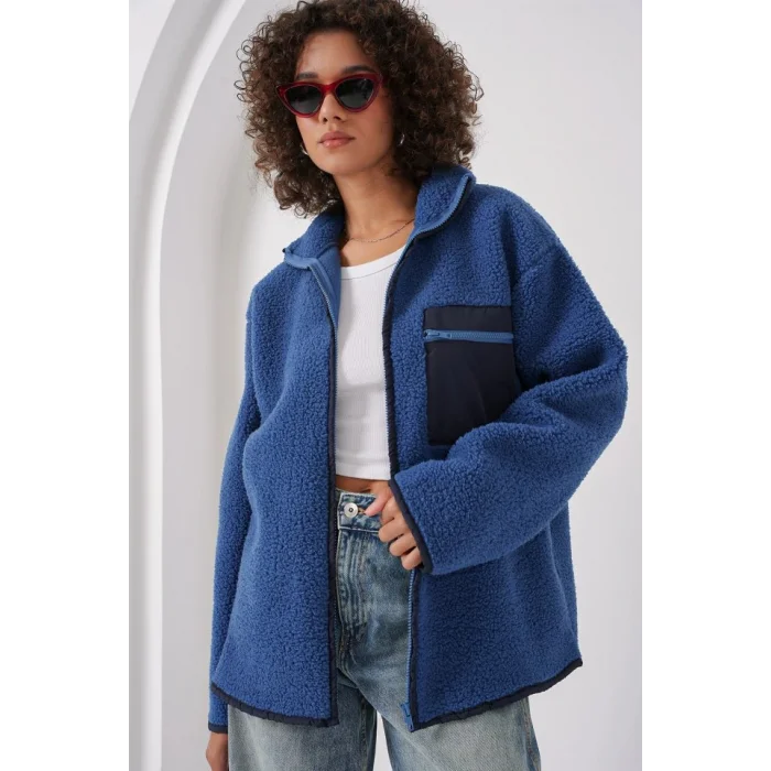 55446 Fermuarlı Oversize Peluş Ceket - Saks