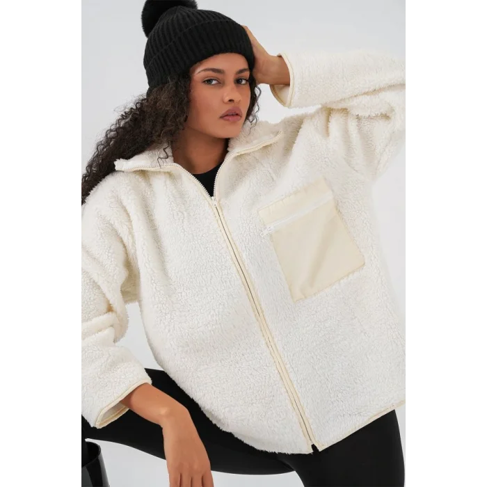 55446 Fermuarlı Oversize Peluş Mont - Bej