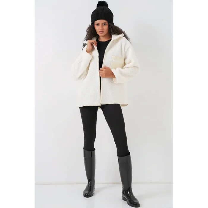 55446 Fermuarlı Oversize Peluş Mont - Bej