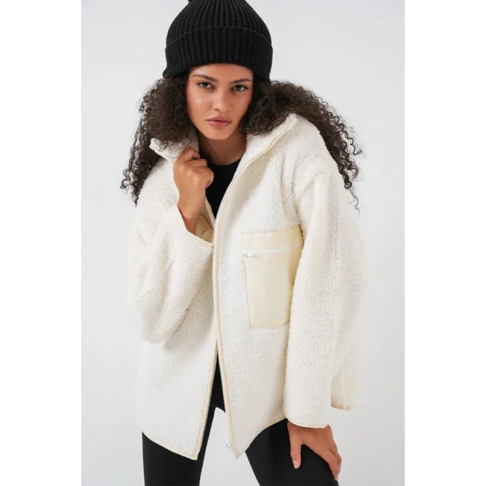 55446 Fermuarlı Oversize Peluş Mont - Bej