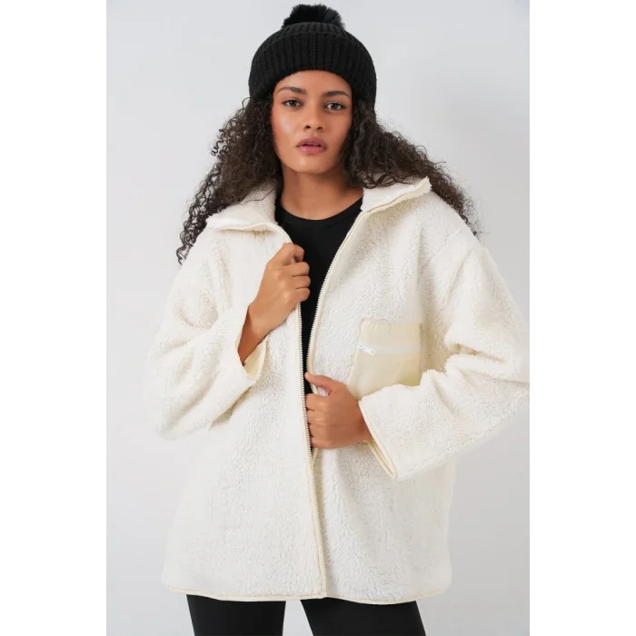 55446 Fermuarlı Oversize Peluş Mont - Bej