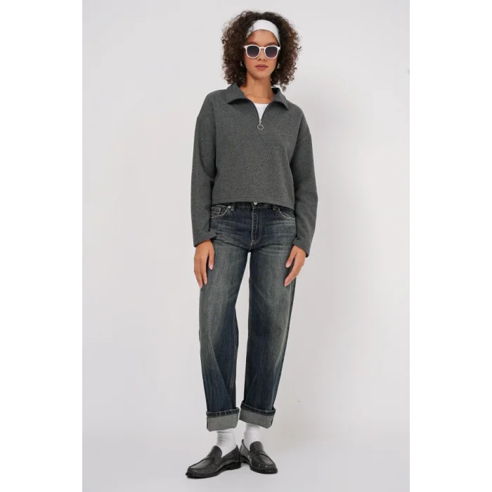 55449 Fermuarlı Yaka Örme Sweatshirt - Antrasit