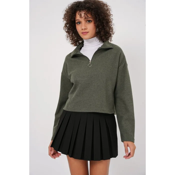 55449 Fermuarlı Yaka Örme Sweatshirt - Haki