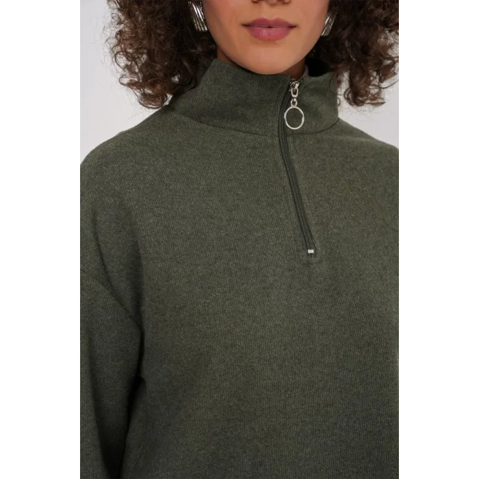 55449 Fermuarlı Yaka Örme Sweatshirt - Haki