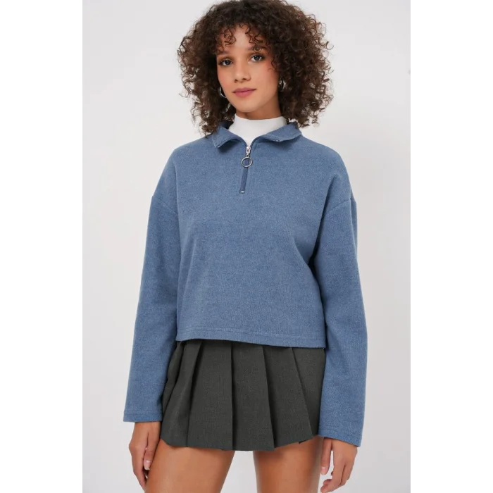 55449 Fermuarlı Yaka Örme Sweatshirt - İndigo