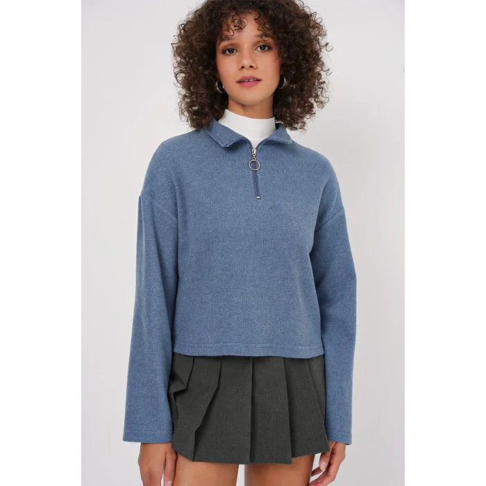 55449 Fermuarlı Yaka Örme Sweatshirt - İndigo