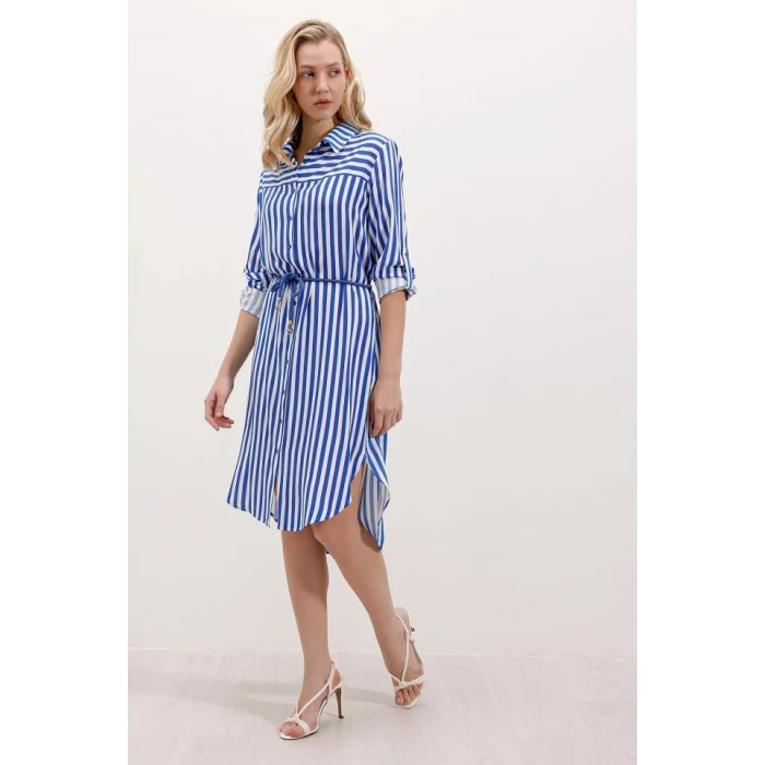 5629 Çizgili Kemerli Elbise - Saks