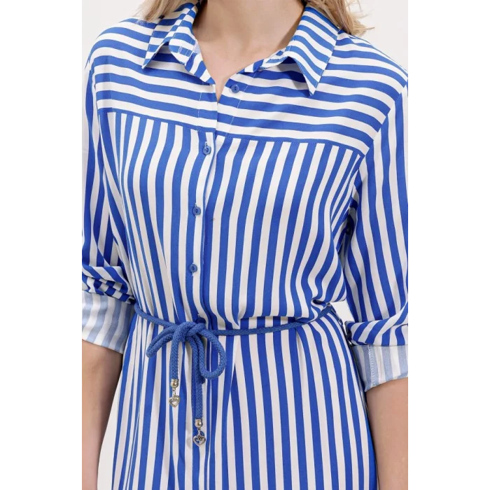 5629 Çizgili Kemerli Elbise - Saks