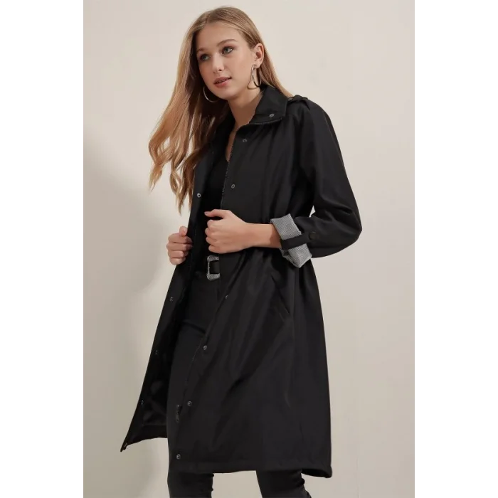 5808 Bel Bağlamalı Trençkot - Siyah