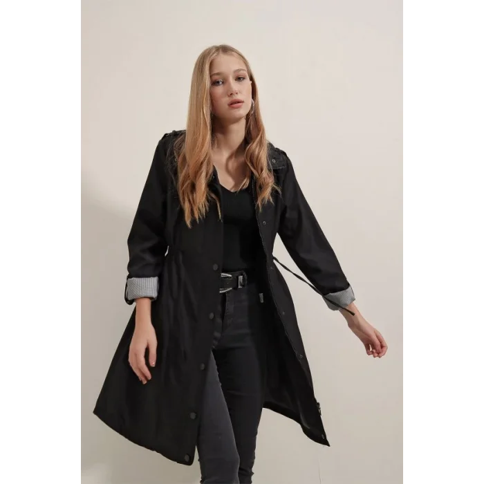 5808 Bel Bağlamalı Trençkot - Siyah