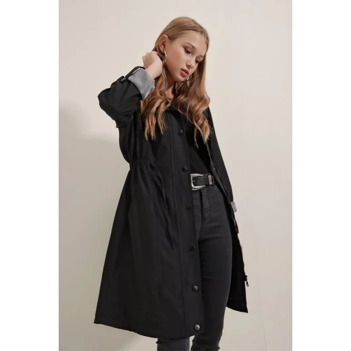 5808 Bel Bağlamalı Trençkot - Siyah