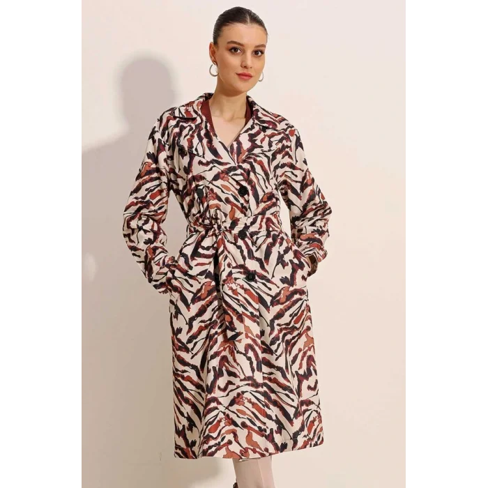 5853 Desenli Kruvaze Yaka Trençkot - C. Bej