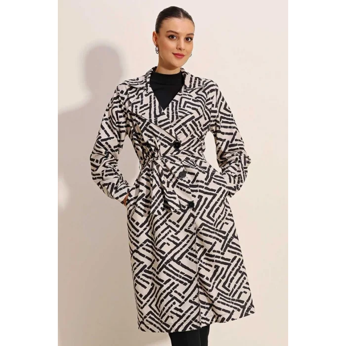 5853 Desenli Kruvaze Yaka Trençkot - C.Beyaz