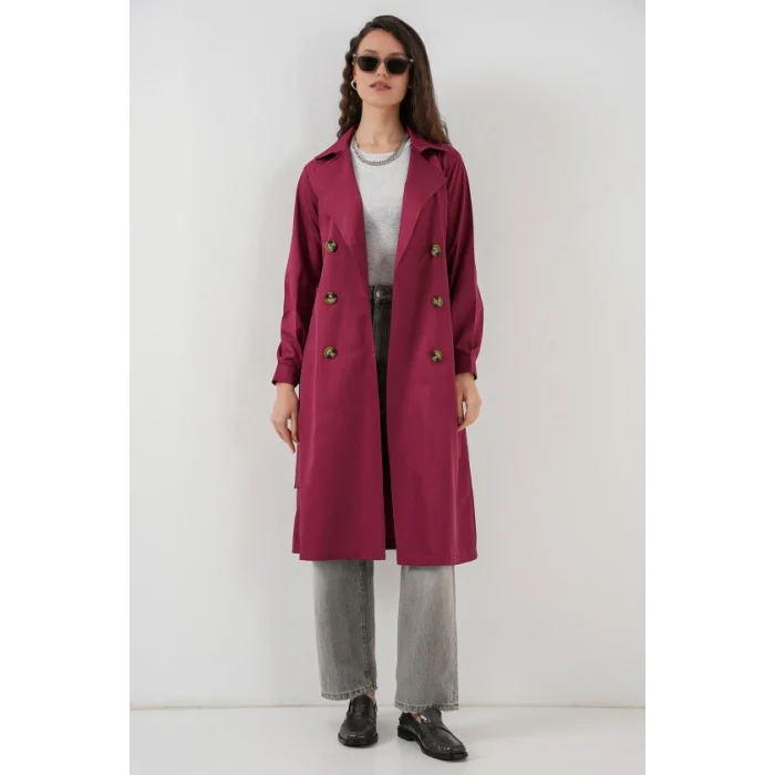 5853 Kruvaze Yaka Trençkot - Bordo