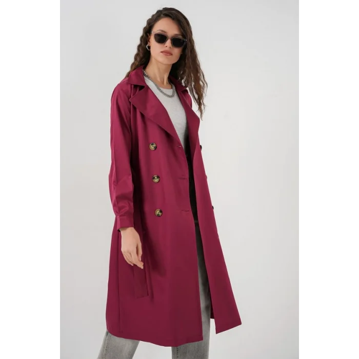 5853 Kruvaze Yaka Trençkot - Bordo