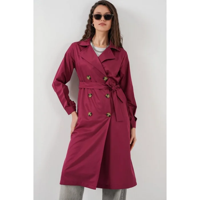 5853 Kruvaze Yaka Trençkot - Bordo