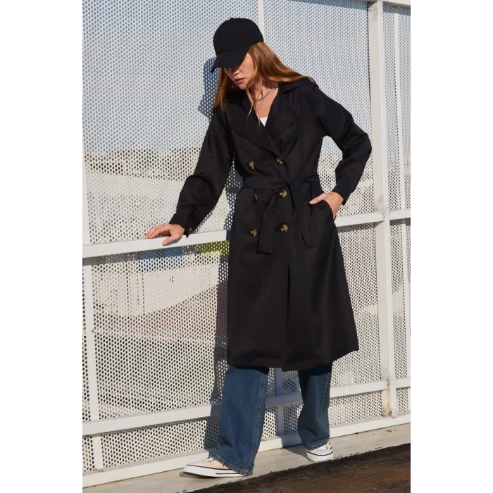 5853 Kruvaze Yaka Trençkot - Siyah
