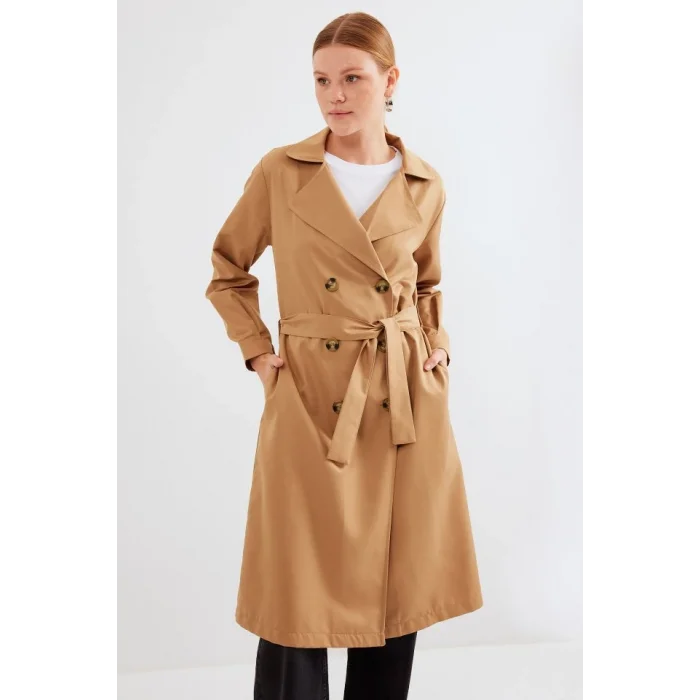 5853 Kruvaze Yaka Trençkot - Taba