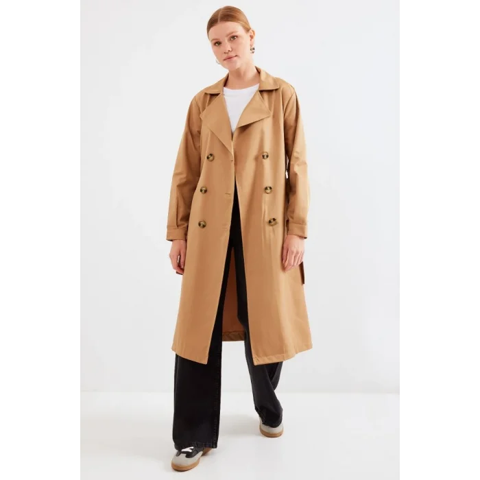 5853 Kruvaze Yaka Trençkot - Taba