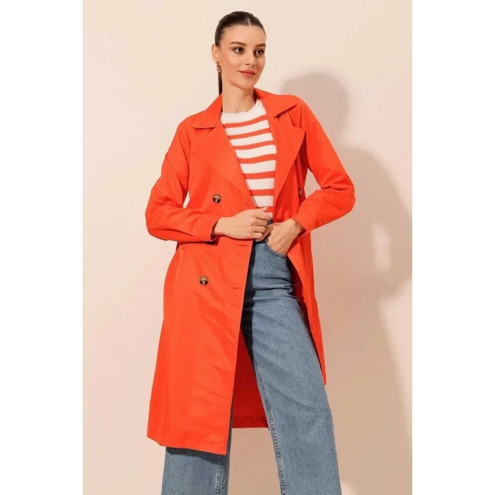 5853 Kruvaze Yaka Trençkot - Turuncu