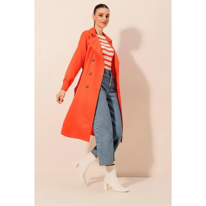 5853 Kruvaze Yaka Trençkot - Turuncu