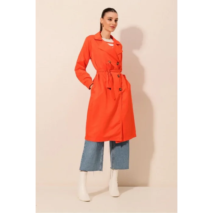 5853 Kruvaze Yaka Trençkot - Turuncu
