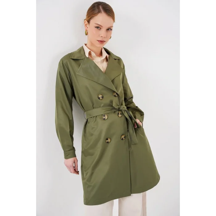 5864 Kruvaze Yaka Kısa Trençkot - Haki