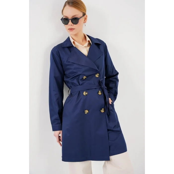 5864 Kruvaze Yaka Kısa Trençkot - Lacivert