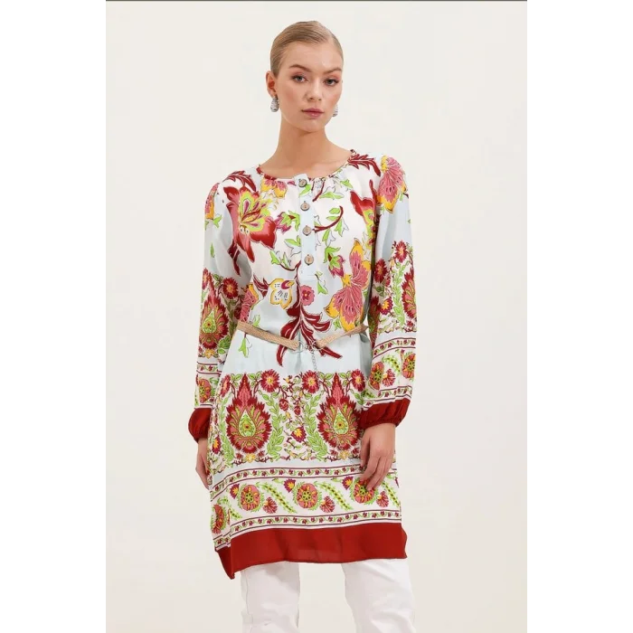 5902 Kemerli Desenli Elbise - Bordo