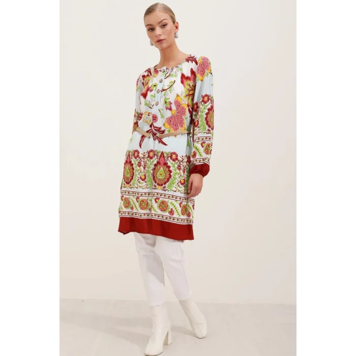 5902 Kemerli Desenli Elbise - Bordo