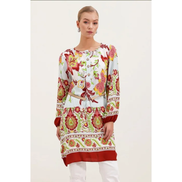 5902 Kemerli Desenli Elbise - Bordo