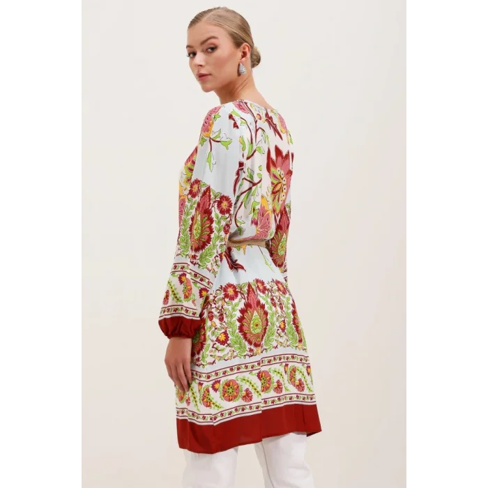 5902 Kemerli Desenli Elbise - Bordo