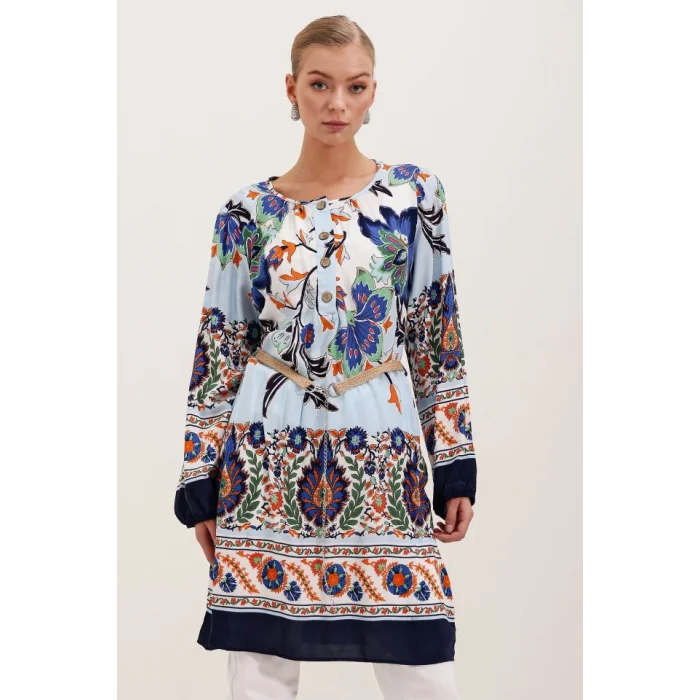 5902 Kemerli Desenli Elbise - Lacivert