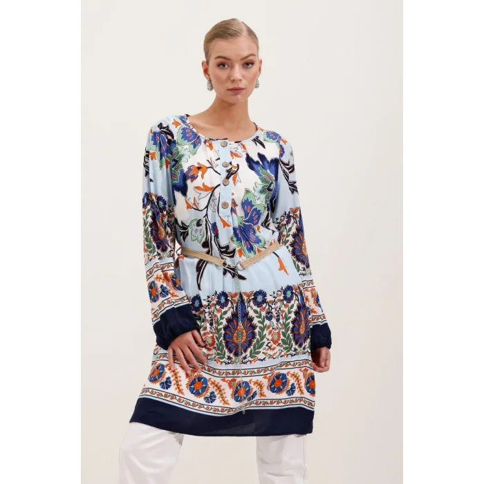 5902 Kemerli Desenli Elbise - Lacivert