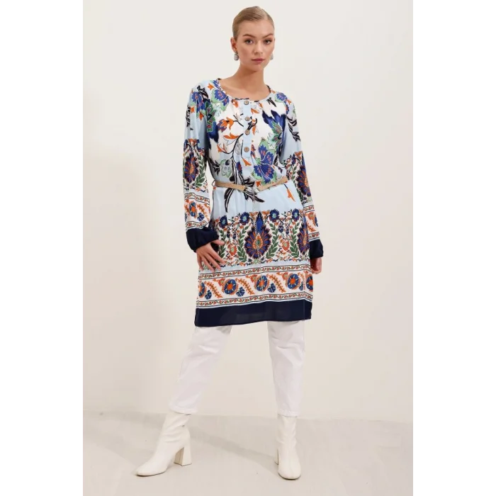 5902 Kemerli Desenli Elbise - Lacivert