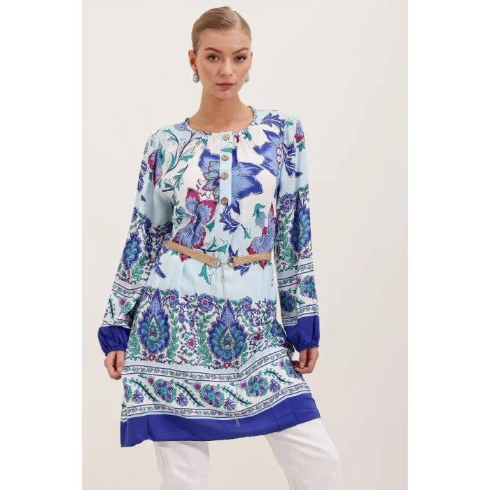 5902 Kemerli Desenli Elbise - Saks