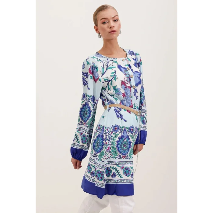 5902 Kemerli Desenli Elbise - Saks