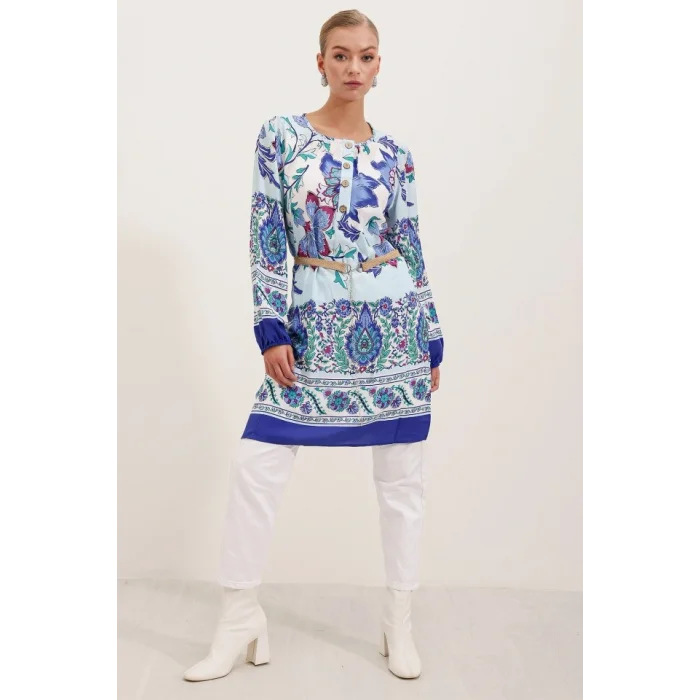 5902 Kemerli Desenli Elbise - Saks