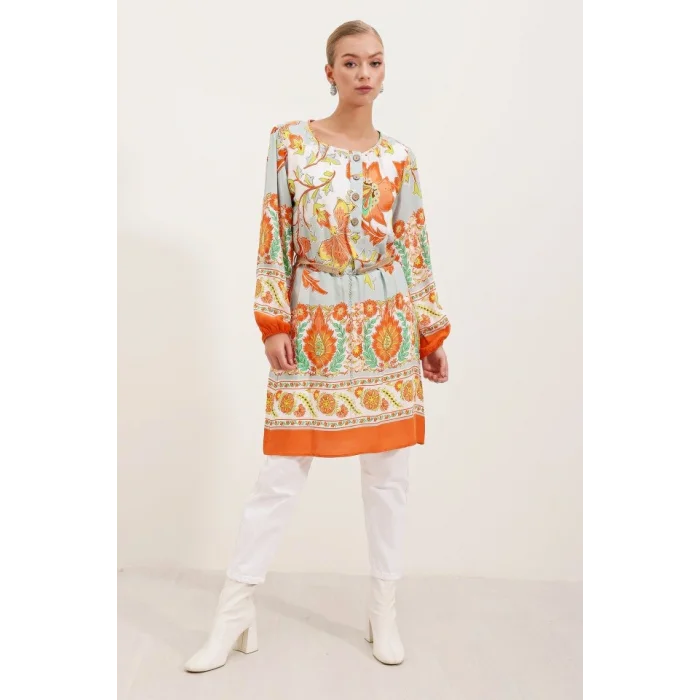 5902 Kemerli Desenli Elbise - Turuncu