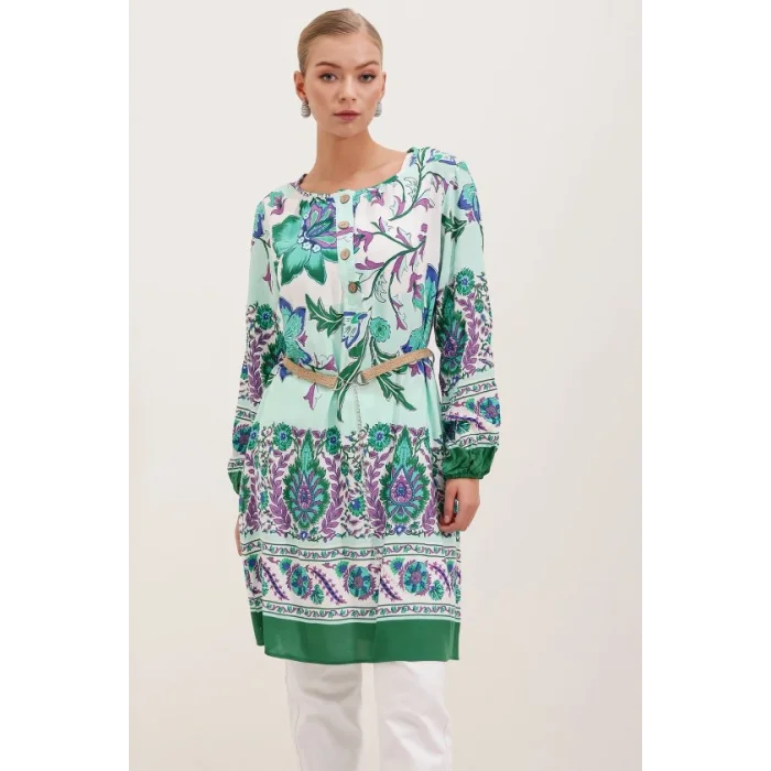 5902 Kemerli Desenli Elbise - Yeşil